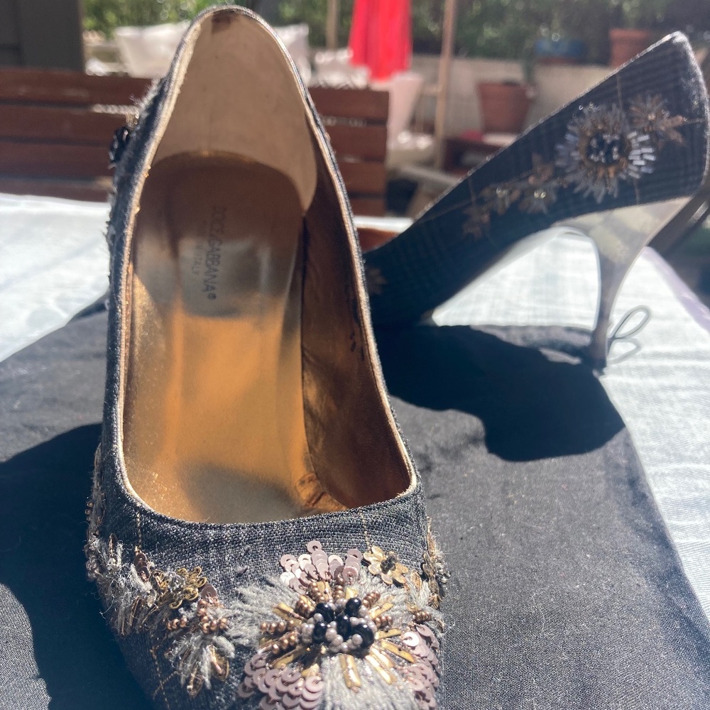 Dolce and Gabbana Glen plaid beaded heels